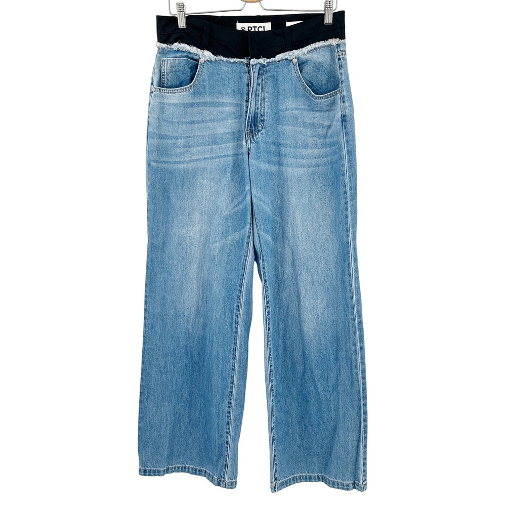 PTCL Womens High Rise Double Waistband Wide Leg Baggy Jeans Size 29 Blue